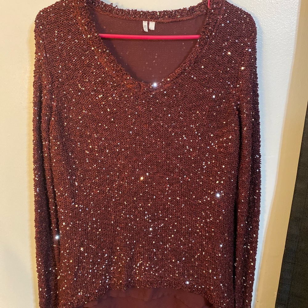 Large sequence maroon dress long sleeve blouse